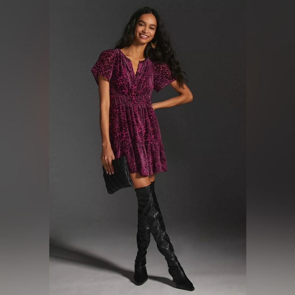 Anthropologie Velvet Floral Somerset Purple Mini Dress